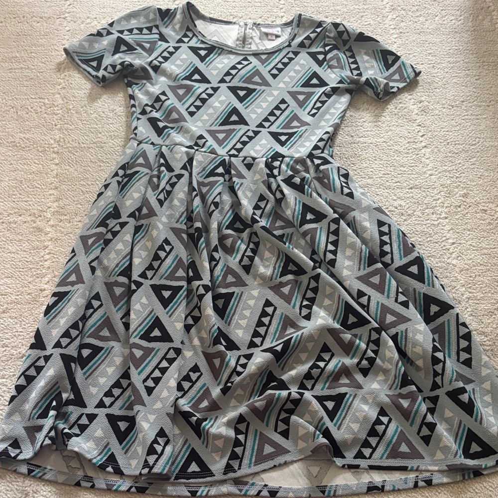 LuLaRoe Geometric Midi Dress in Gray, Teal & Black